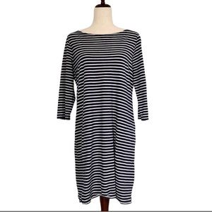 Garnet Hill Cotton Bateau-Neck Dress 3/4 Sleeves Pockets, Blue & White Stripes 6